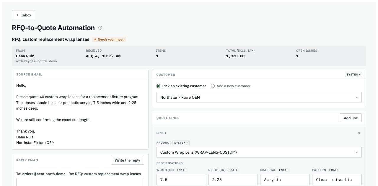 RFQ-to-Quote review screen showing the source email, customer match, and editable quote lines