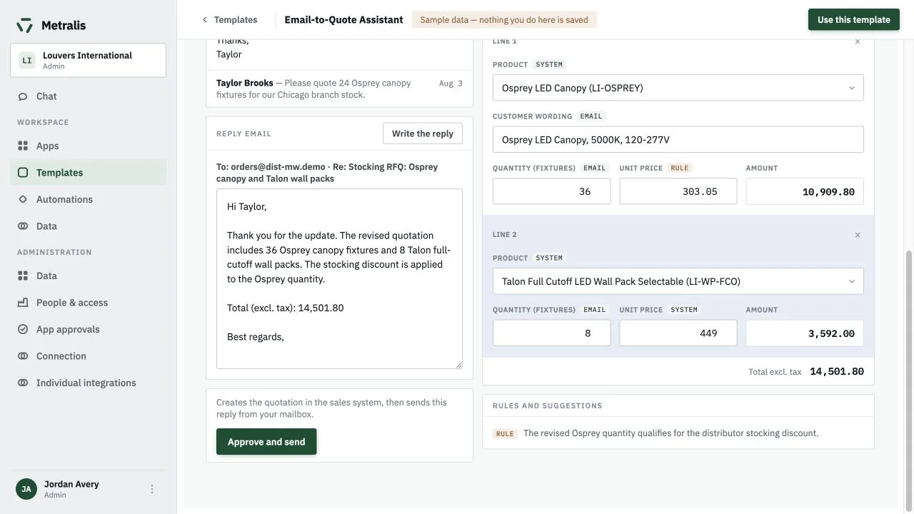 Email-to-Quote Assistant review screen showing quote lines, pricing sources, reply draft, and approval control