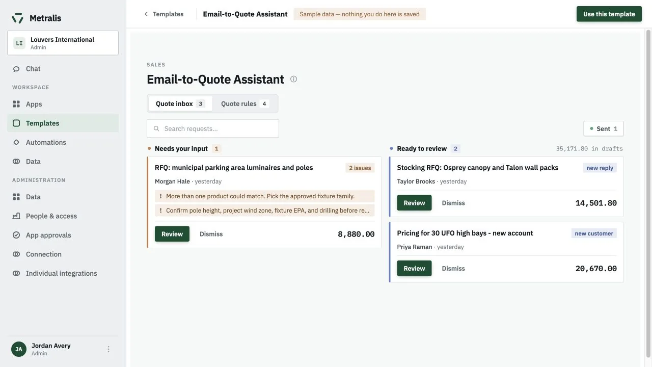 Email-to-Quote Assistant inbox separating requests that need input from quote drafts ready for review